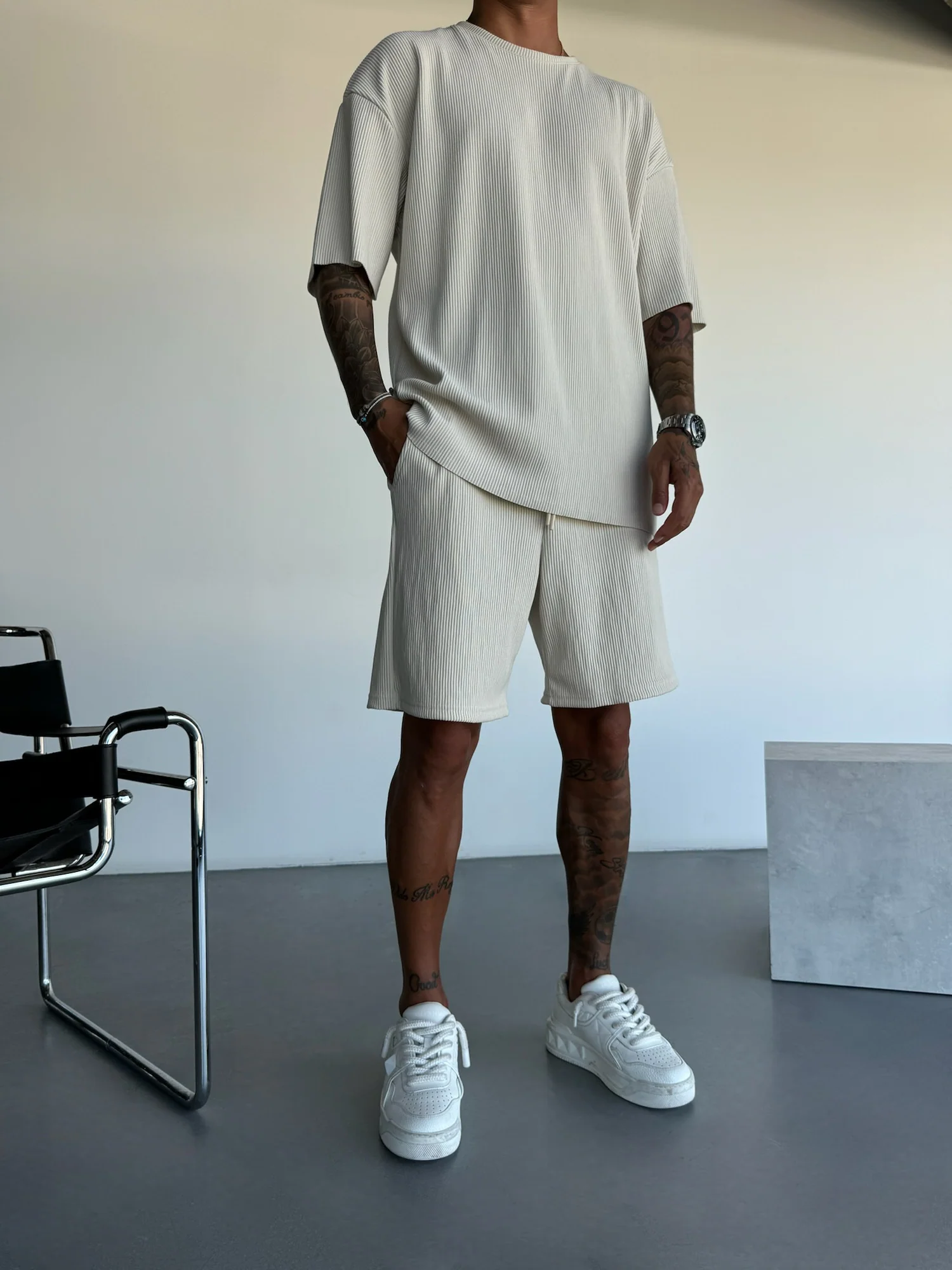 Loose Fit Cord Shorts - Beige - Image 3