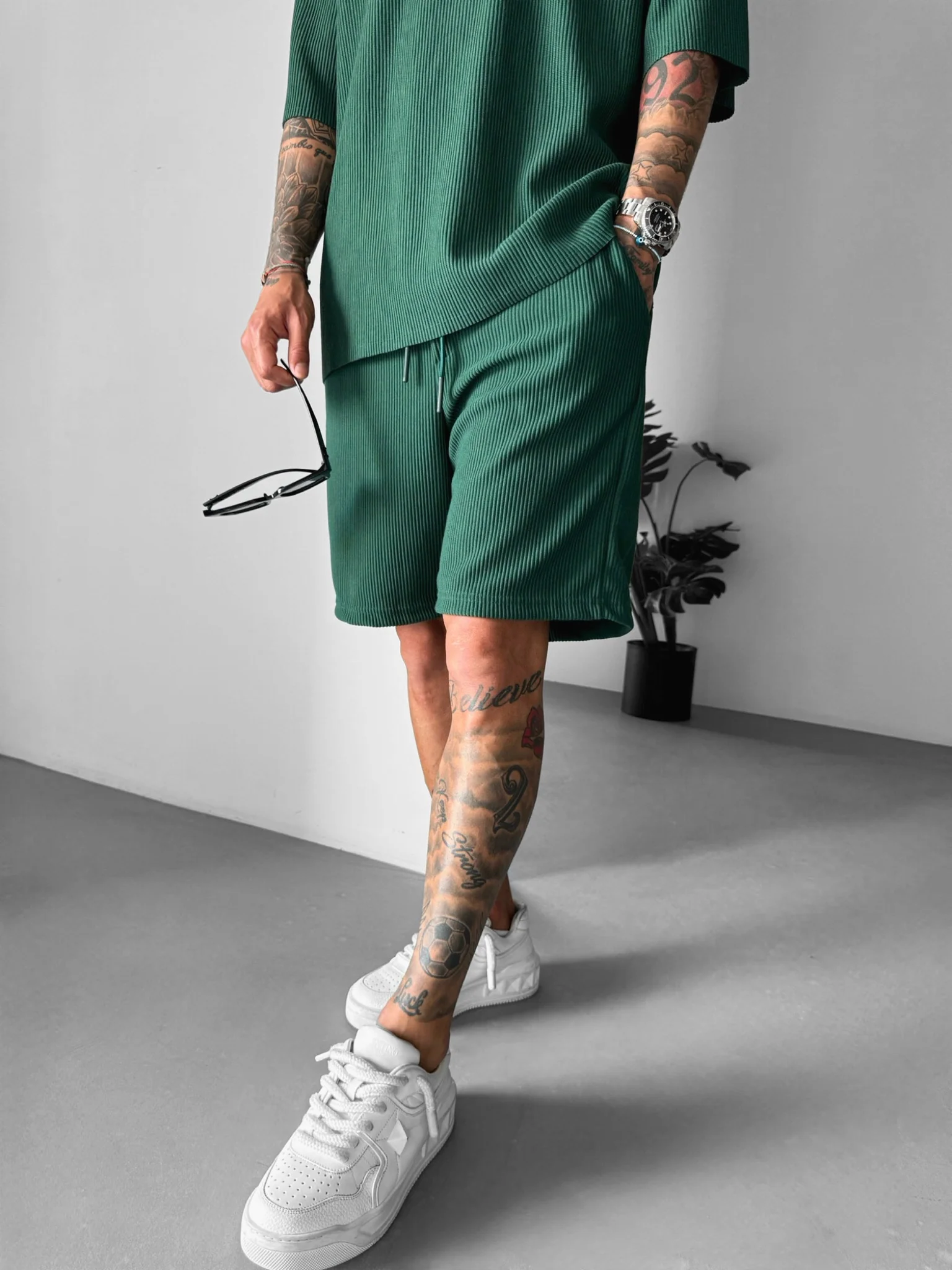 Loose Fit Cord Shorts - Green - Image 6