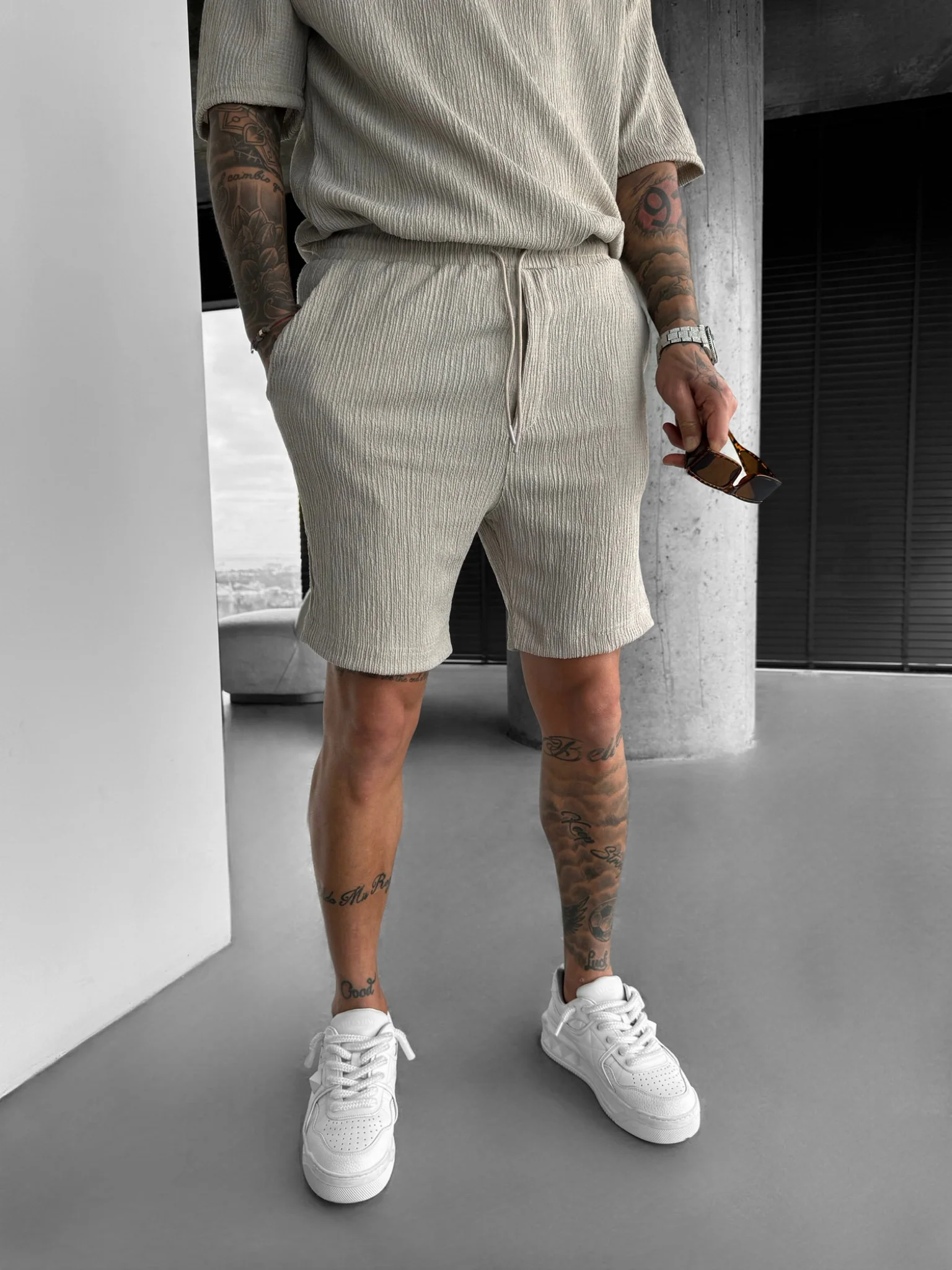 Loose Fit Crepe Shorts - Stone - Image 4