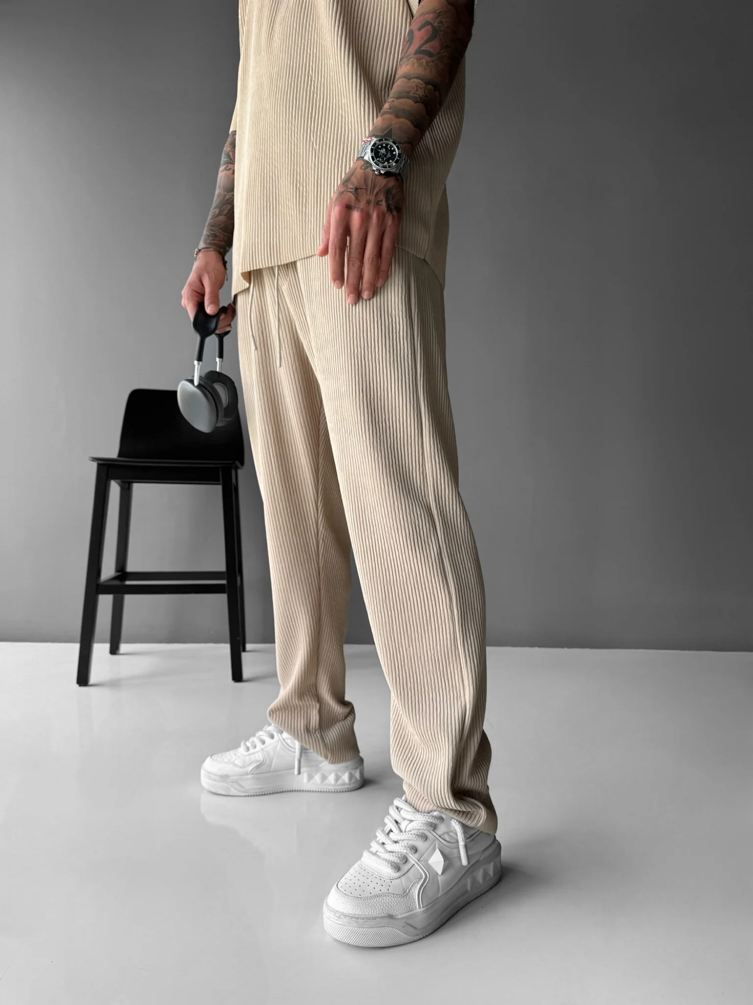 Loose Fit Ribbed Trousers - Beige - Image 3