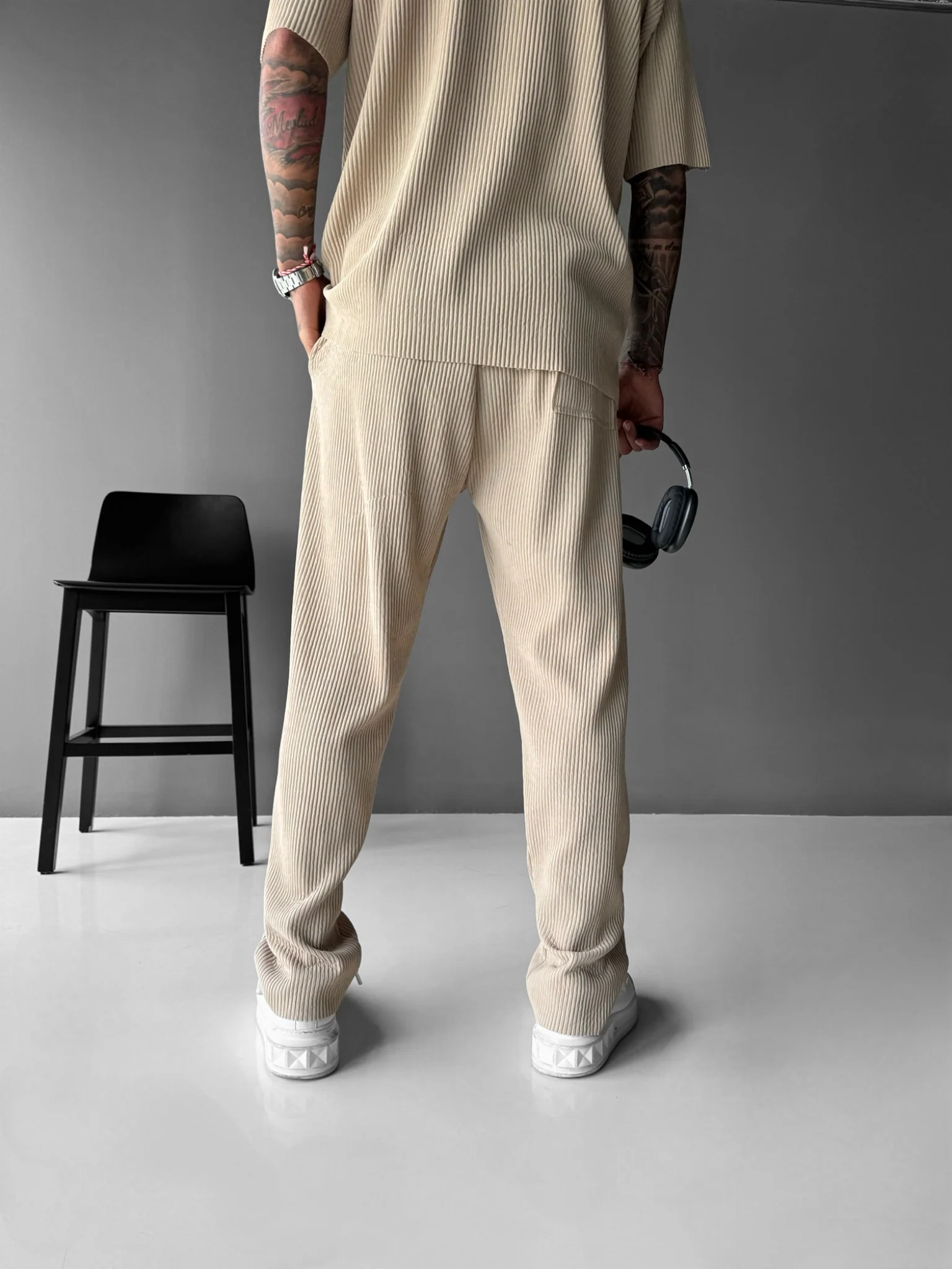 Loose Fit Ribbed Trousers - Beige - Image 5