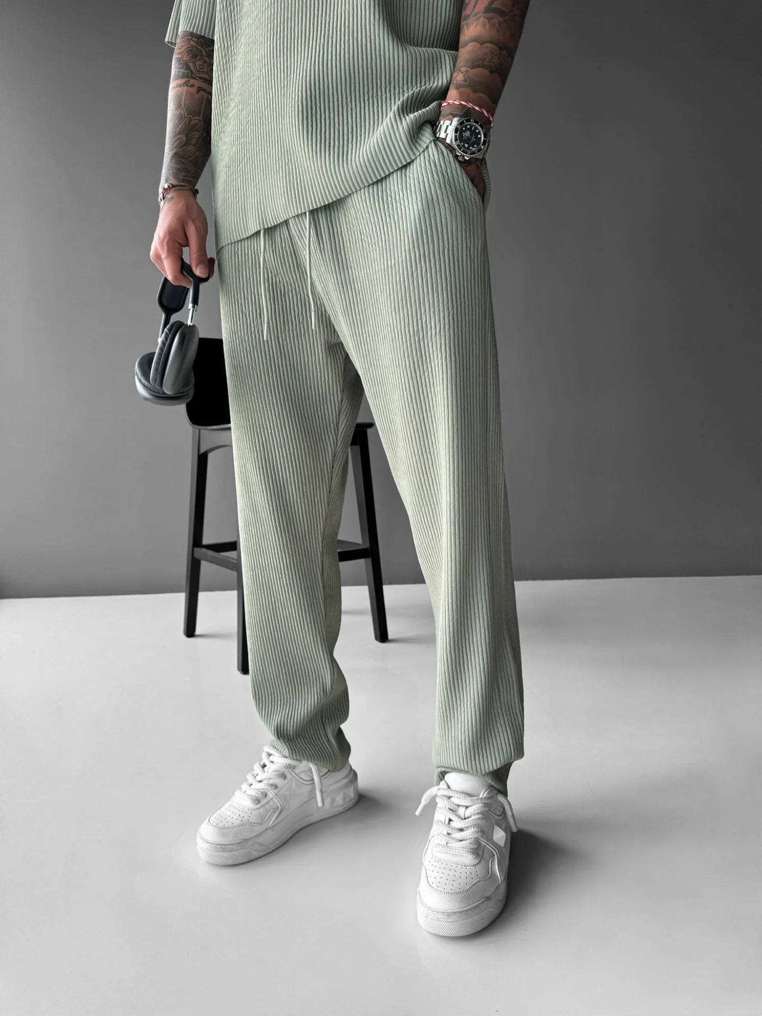 Loose Fit Ribbed Trousers - Green - Image 3