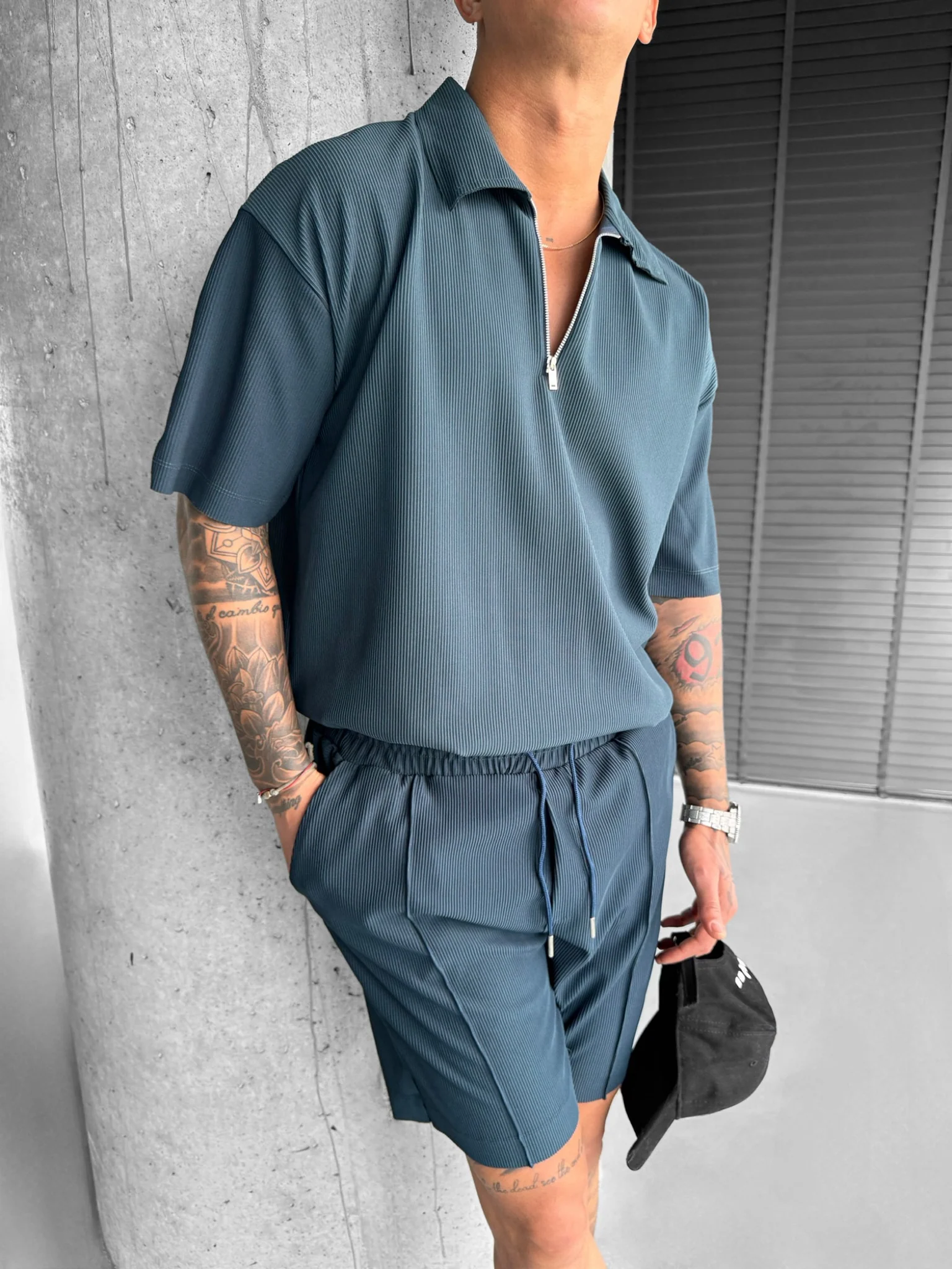 Loose Fit Seam Knit Shorts - Petrol - Image 3