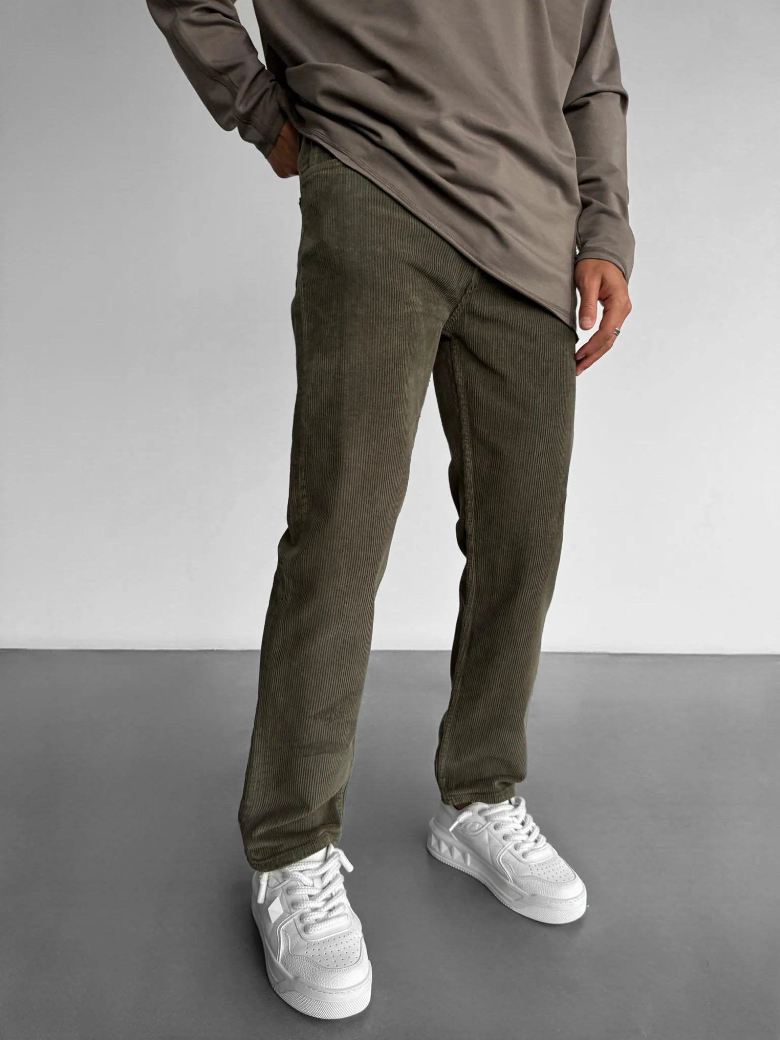 Loose Fit Velvet Cord Trousers - Khaki - Image 3