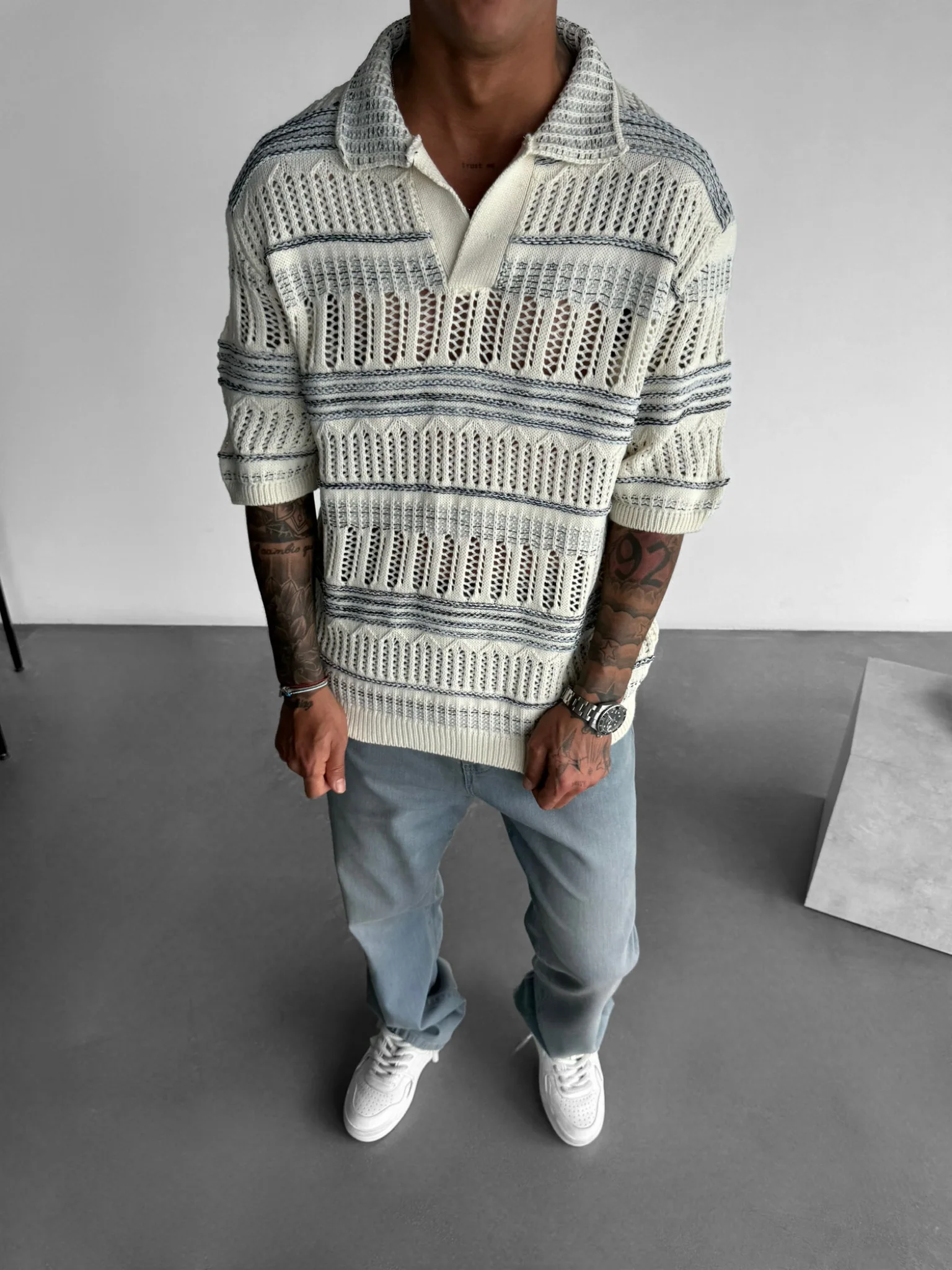 Oversize Knit Polo T-Shirt - Blue - Image 3