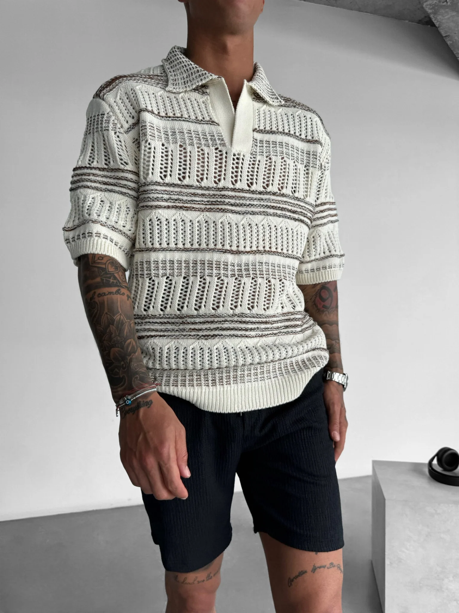 Oversize Knit Polo T-Shirt - Brown - Image 3