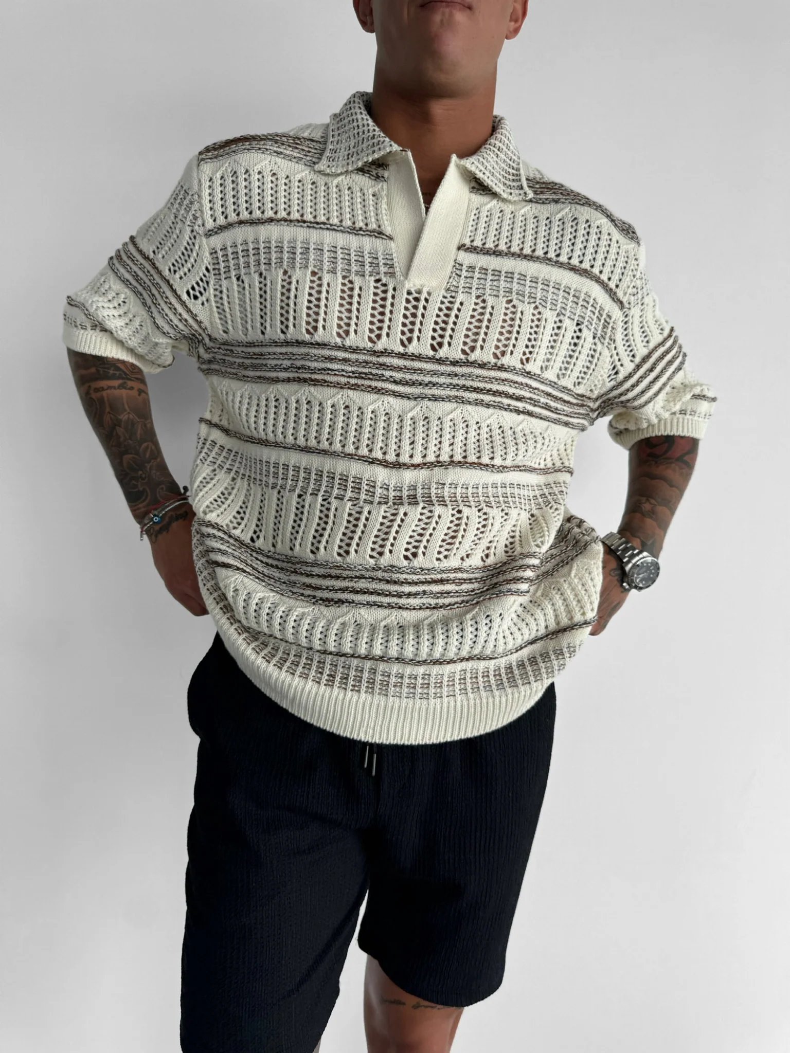 Oversize Knit Polo T-Shirt - Brown - Image 4