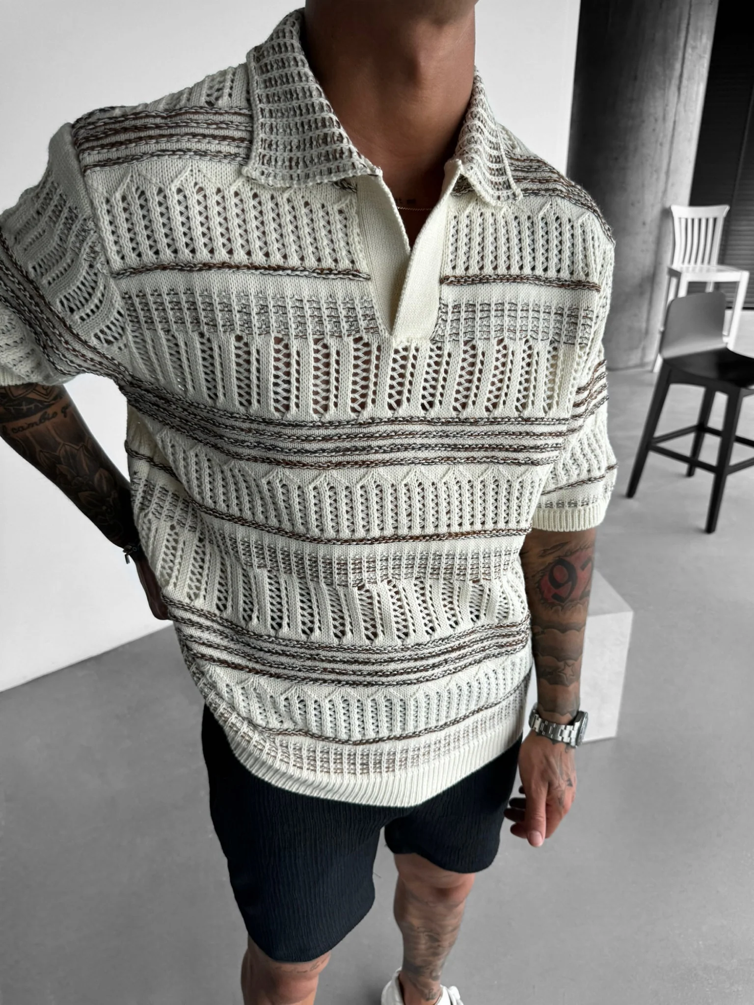 Oversize Knit Polo T-Shirt - Brown - Image 6