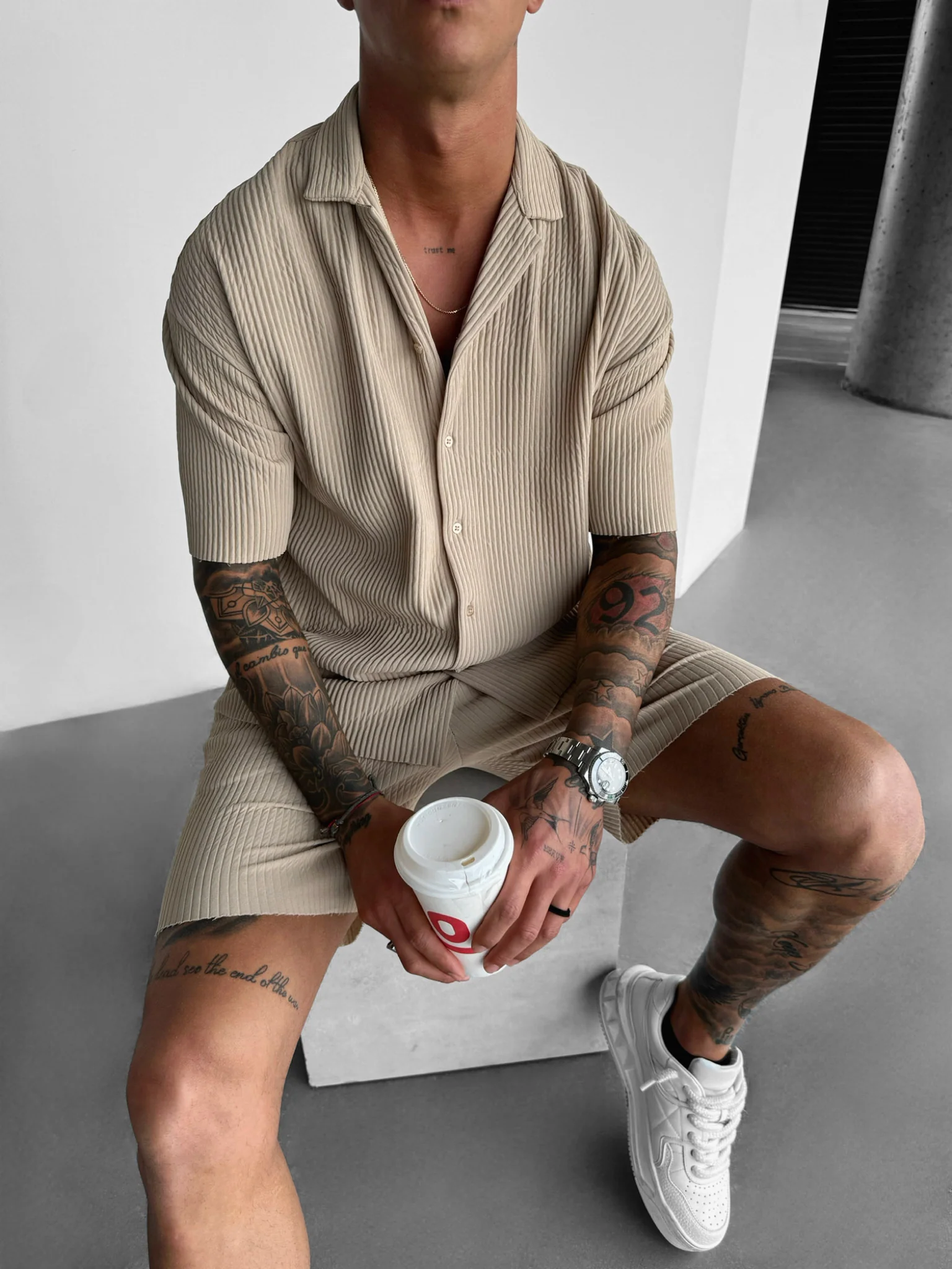 Oversize Ribbed Shirt - Beige - Image 3