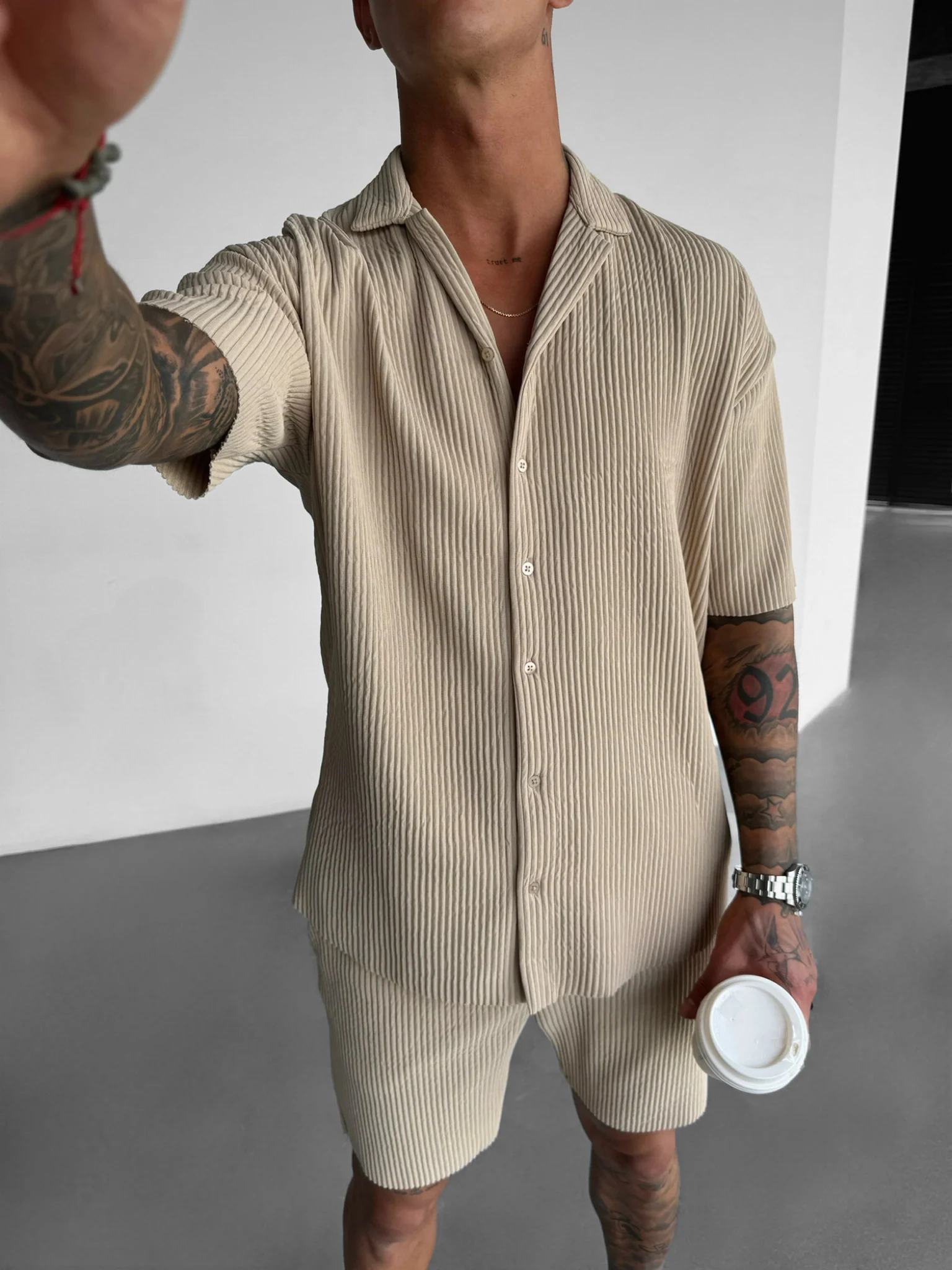 Oversize Ribbed Shirt - Beige - Image 4