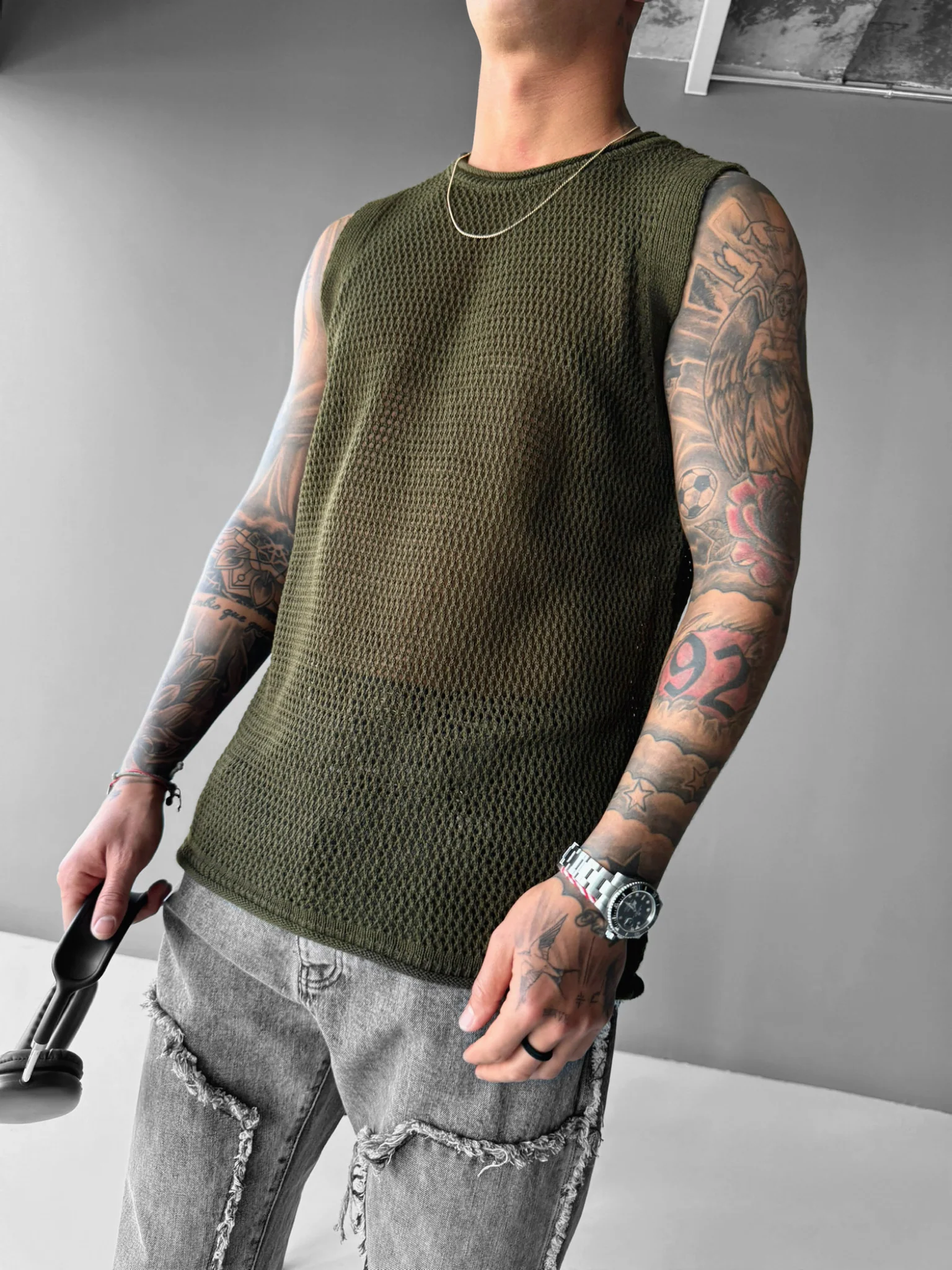 Oversize Textured Tanktop - Khaki - Image 4