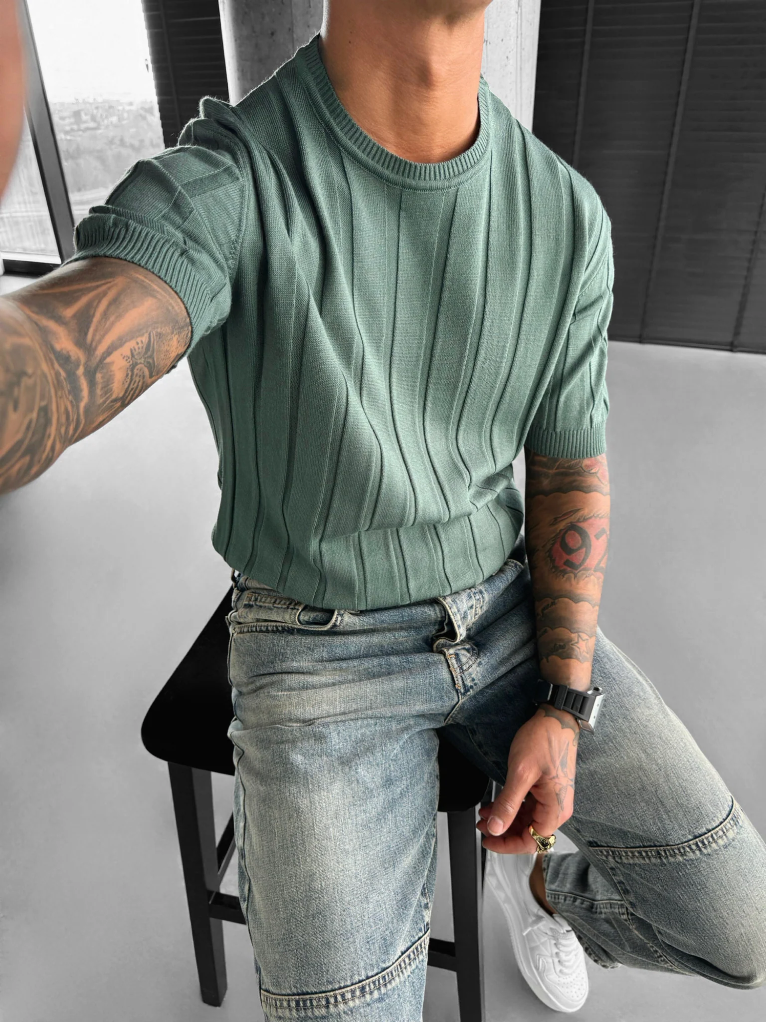 Regular Fit Knit Lines T-shirt - Petrol - Image 3