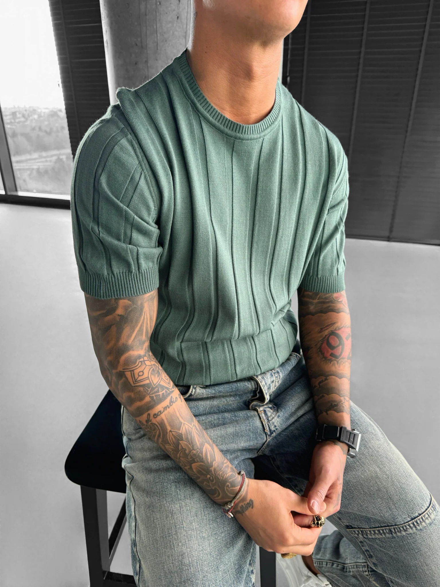 Regular Fit Knit Lines T-shirt - Petrol - Image 4