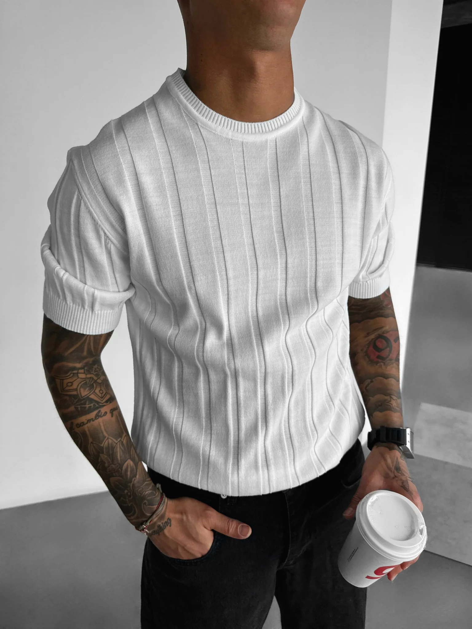 Regular Fit Knit Lines T-shirt - White - Image 4