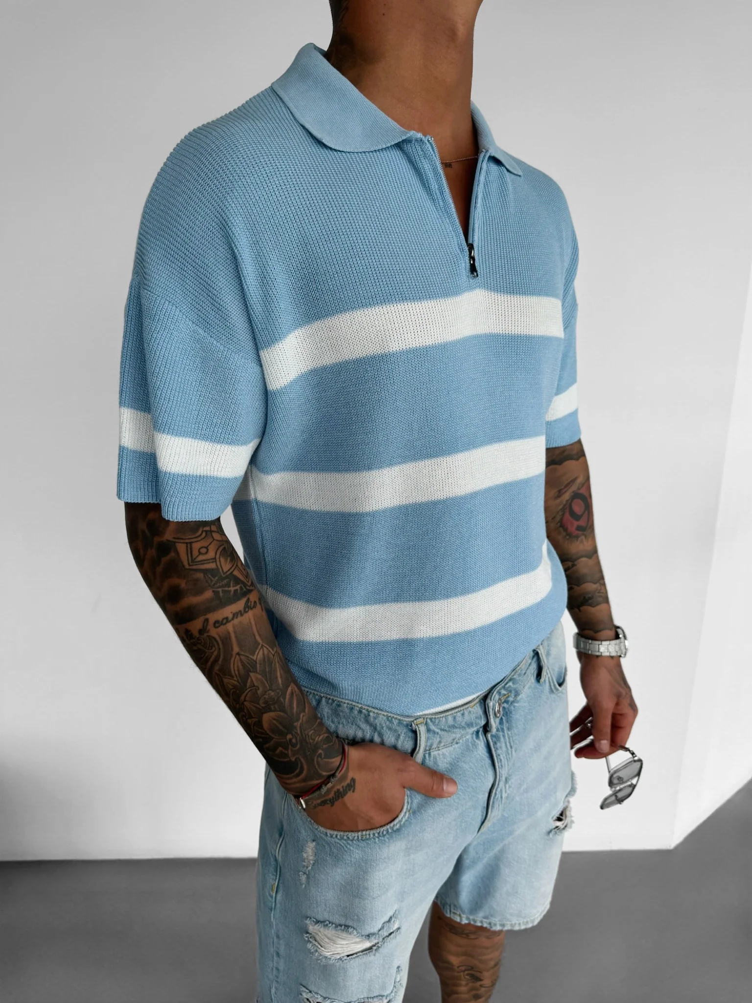 Regular Knit Zipper T-shirt - Babyblue - Image 4