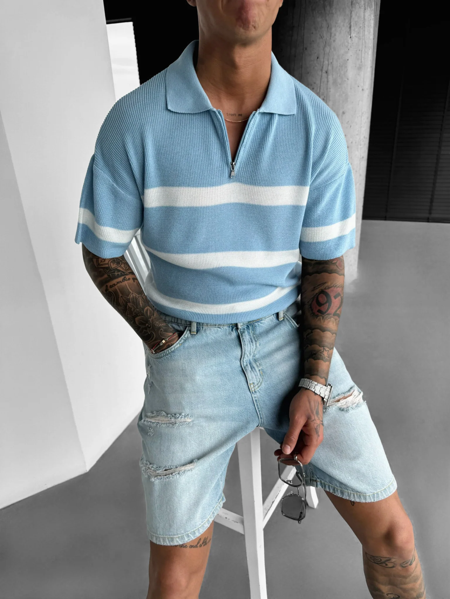 Regular Knit Zipper T-shirt - Babyblue - Image 5