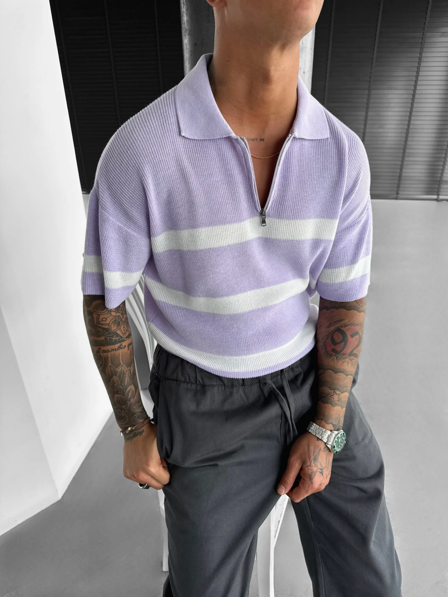 Regular Knit Zipper T-shirt - Lila - Image 3