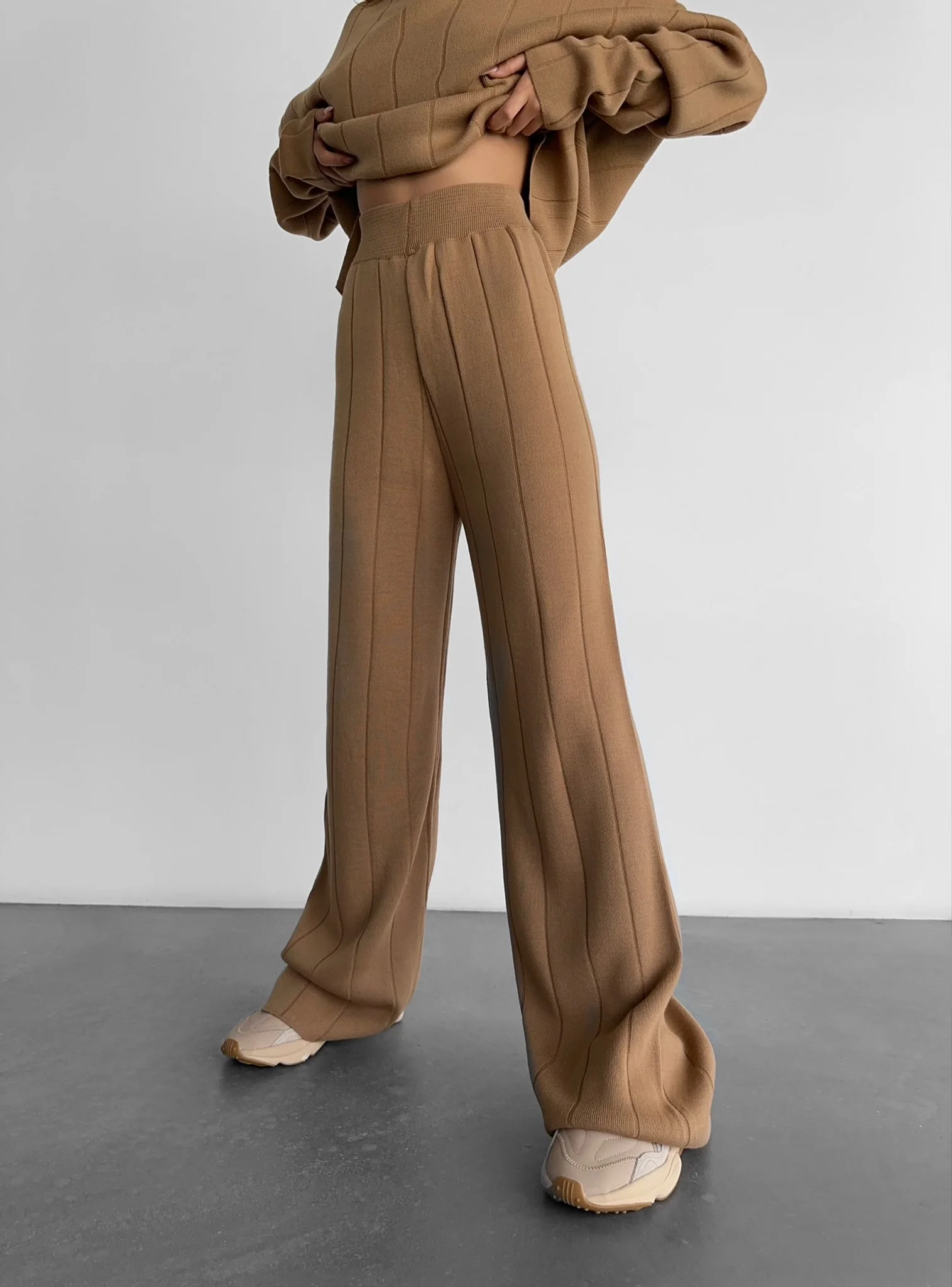 Wide Leg Knit Textured Trousers - Brown - Image 3