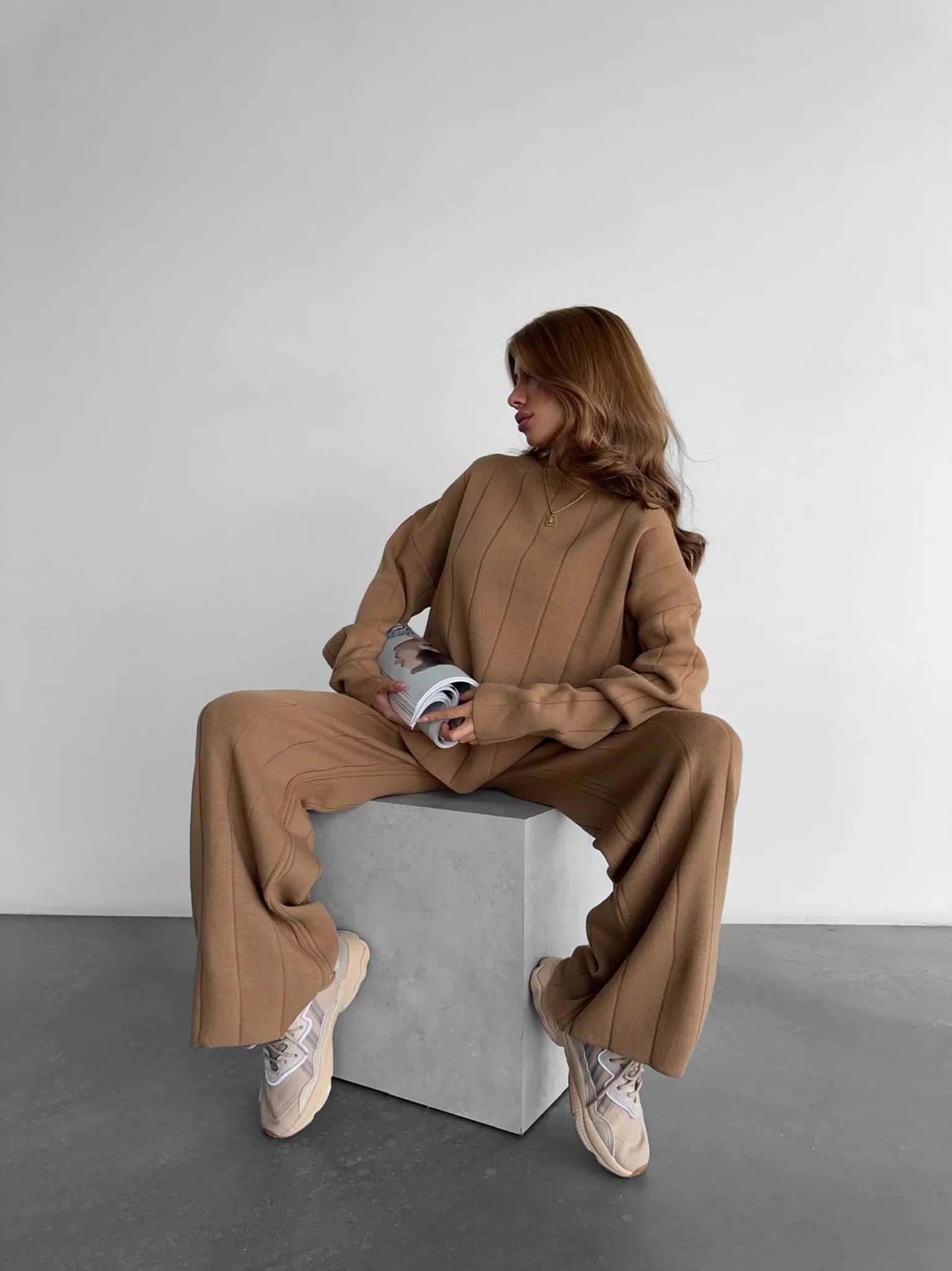 Wide Leg Knit Textured Trousers - Brown - Image 4