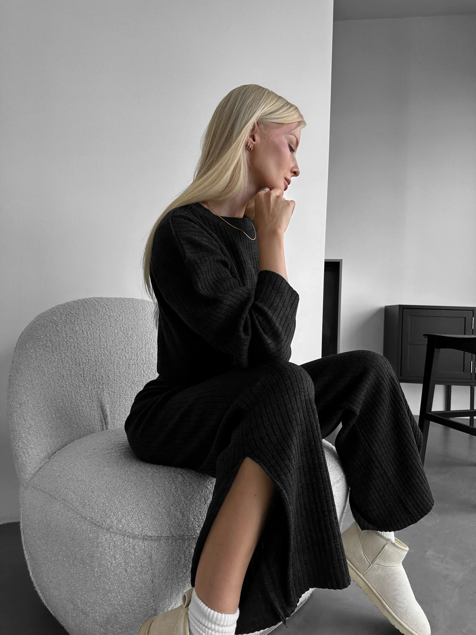 Wide Leg Knit Trousers - Anthracite - Image 3